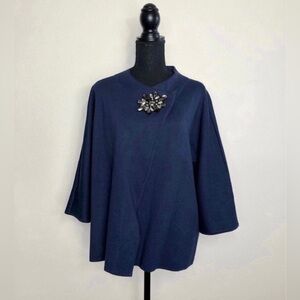 JM Collection Navy Blue Cape Coat with Jeweled Appliqué.